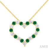 2.3 MM Round Cut Emerald and 1/2 Ctw Open Heart Round Cut Diamond Precious Fashion Pendant With Chain in 14K Yellow Gold
