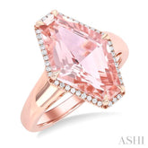 16x10 MM Hexagon Shape Morganite and 1/10 Ctw Round Cut Diamond Halo Semi-Precious Ring in 14K Rose Gold
