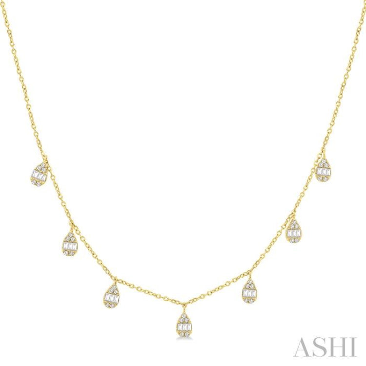 1/3 Ctw Pear Shaped Danglers Fusion Baguette and Round Cut Diamond Station Necklace in 10K Yellow Gold 1/3 Ctw Pear Shaped Danglers Fusion Baguette and Round Cut Diamond Station Necklace in 10K Yellow Gold
