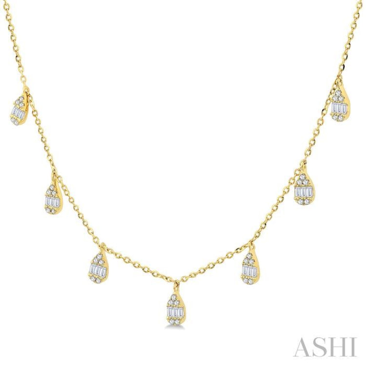 1/3 Ctw Pear Shaped Danglers Fusion Baguette and Round Cut Diamond Station Necklace in 10K Yellow Gold 1/3 Ctw Pear Shaped Danglers Fusion Baguette and Round Cut Diamond Station Necklace in 10K Yellow Gold