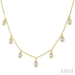 1/3 Ctw Pear Shaped Danglers Fusion Baguette and Round Cut Diamond Station Necklace in 10K Yellow Gold 1/3 Ctw Pear Shaped Danglers Fusion Baguette and Round Cut Diamond Station Necklace in 10K Yellow Gold