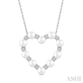4 MM Round Shape Cultured Pearl and 1/3 Ctw Round Cut Diamond Heart Shape Pendant With Chain in 14K White Gold