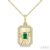 4X3 MM Octagon Shape Emerald and 1/8 Ctw Round Cut Diamond Precious Fluted Medallion Pendant in 10K Yellow Gold with Chain