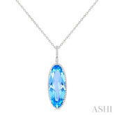 26x10 MM Oval Cut Blue Topaz and 1/3 Ctw Round Cut Diamond Semi-Precious Pendant With Chain in 14K White Gold