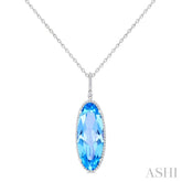 26x10 MM Oval Cut Blue Topaz and 1/3 Ctw Round Cut Diamond Semi-Precious Pendant With Chain in 14K White Gold