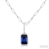 6x4 MM Bezel Set Emerald Cut Sapphire Precious Fashion Pendant With Paperclip Chain in 10K White Gold
