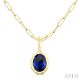 6x4 MM Bezel Set Oval Cut Sapphire Precious Fashion Pendant With Paperclip Chain in 10K Yellow Gold