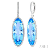 20x8 MM Oval Cut Blue Topaz and 1/2 Ctw Round Cut Diamond Halo Semi-Precious Earrings in 14K White Gold