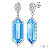 22x8 MM Hexagon Shape Blue Topaz and 7/8 Ctw Round Cut Diamond Halo Semi-Precious Earrings in 14K White Gold