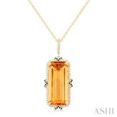 22x10 MM Emerald Cut Citrine and .80 MM Sapphire & 1/5 Ctw Round Cut Diamond Halo Precious & Semi-Precious Pendant With Chain in 14K Yellow Gold
