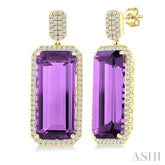 22x10 MM Emerald Cut Amethyst and 7/8 Ctw Round Cut Diamond Halo Semi-Precious Earrings in 14K Yellow Gold