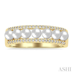3 MM Cultured Pearl and 1/5 Ctw Round Cut Diamond Fashion Band in 14K Yellow Gold