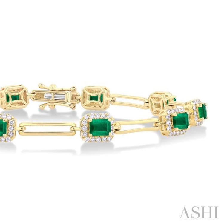 4x3 MM Emerald and 5/8 Ctw Round Cut Diamond Halo Precious Open Link Bracelet in 14K Yellow Gold
