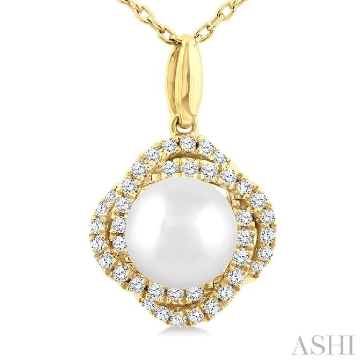 6 MM Cultured Pearl and 1/6 Ctw Single Cut Diamond Petite Fashion Pendant With Chain in 10K Yellow Gold