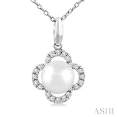 6 MM Cultured Pearl and 1/10 Ctw Single Cut Diamond Clover Petite Fashion Pendant With Chain in 10K White Gold