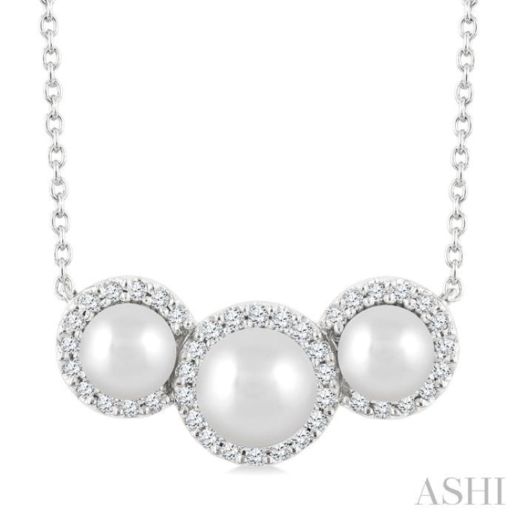 5 MM & 4 MM Cultured Pearl and 1/6 Ctw Round Cut Diamond Halo Pendant With Chain in 14K White Gold