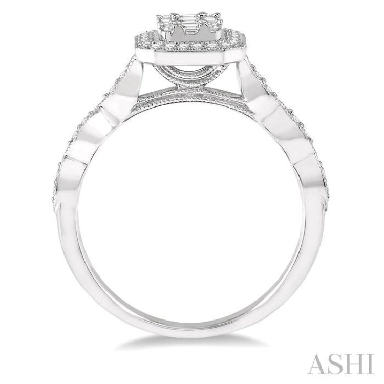 3/8 Ctw Emerald Shape Round Cut and Baguette Diamond Fusion Engagement Ring in 14K White Gold