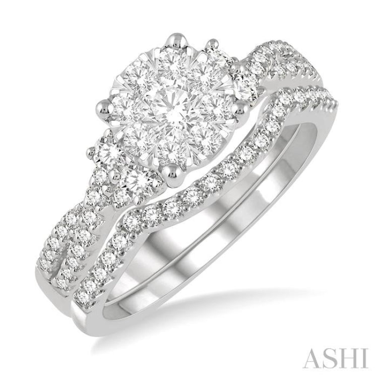 7/8 Ctw Lovebright Round Cut Diamond Wedding Set With 3/4 Ctw Criss Cross Shank Engagement Ring and 1/6 Ctw Arched Wedding Band in 14K White Gold