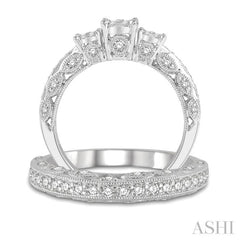1 Ctw Lovebright Round Cut Diamond Wedding Set With 1/2 Ctw Tri-Mount Engagement Ring and 3/8 Ctw Lattice Wedding Band in 14K White Gold