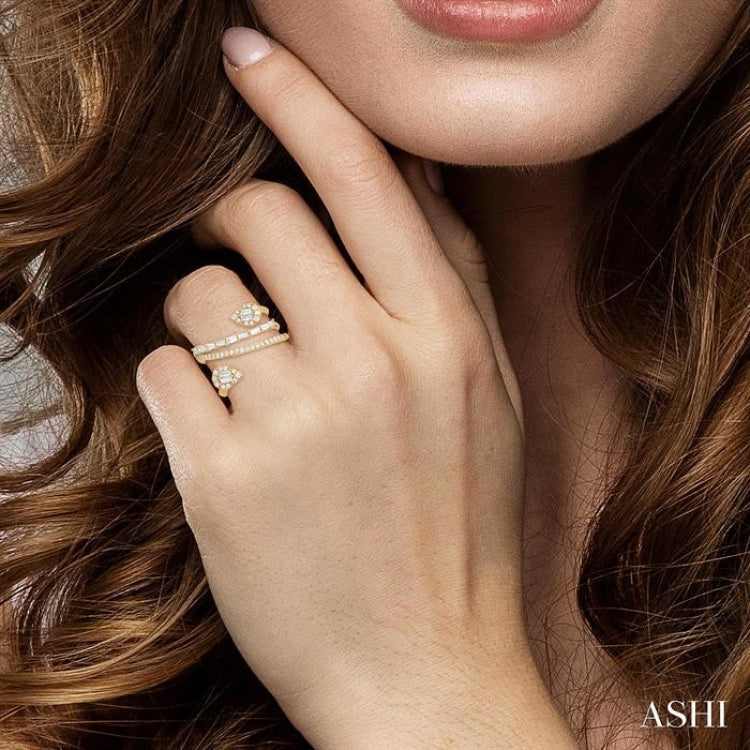 3/4 Ctw Pear Shape Fusion Baguette and Round Cut Diamond Fashion Wrap Ring in 14K Yellow Gold