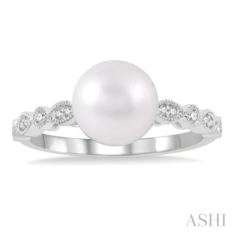 8 MM Cultured Pearl and 1/10 Ctw Round Cut Diamond Ring in 14K White Gold