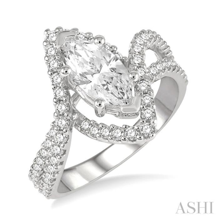 5/8 Ctw Marquise Shape Split Bypass Shank Round Cut Diamond Semi-Mount Engagement Ring in 14K White Gold