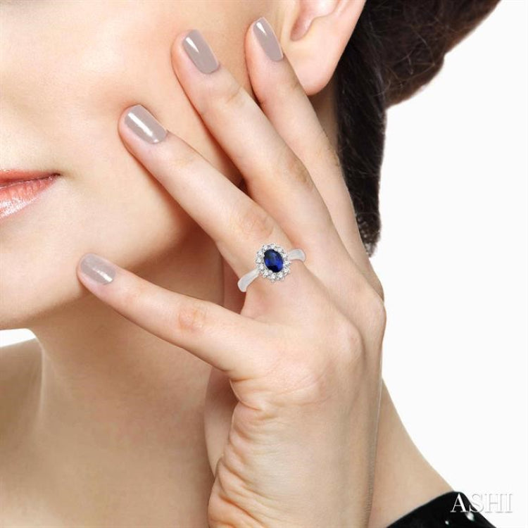 7x5 MM Oval Shape Sapphire and 1/3 Ctw Round Cut Diamond Precious Ring in 14K White Gold