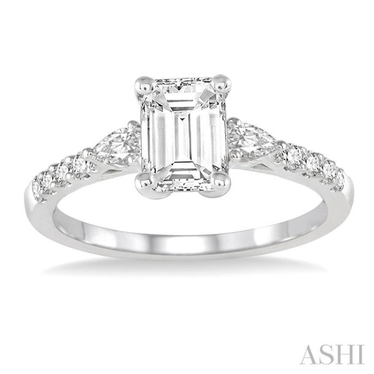 7/8 Ctw Pear & Round Cut Diamond Engagement Ring With 1/2 Ct Emerald Cut Center Stone in 14K White Gold