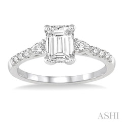 7/8 Ctw Pear & Round Cut Diamond Engagement Ring With 1/2 Ct Emerald Cut Center Stone in 14K White Gold