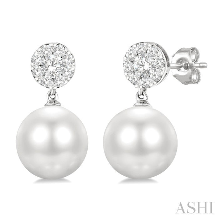 7 MM Cultured White Pearl and 1/4 Ctw Disc Top Lovebright Round Cut Diamond Fashion Earrings in 10K White Gold