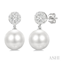 7 MM Cultured White Pearl and 1/4 Ctw Disc Top Lovebright Round Cut Diamond Fashion Earrings in 10K White Gold