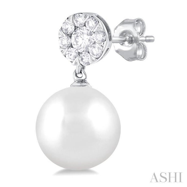 7 MM Cultured White Pearl and 1/4 Ctw Disc Top Lovebright Round Cut Diamond Fashion Earrings in 10K White Gold