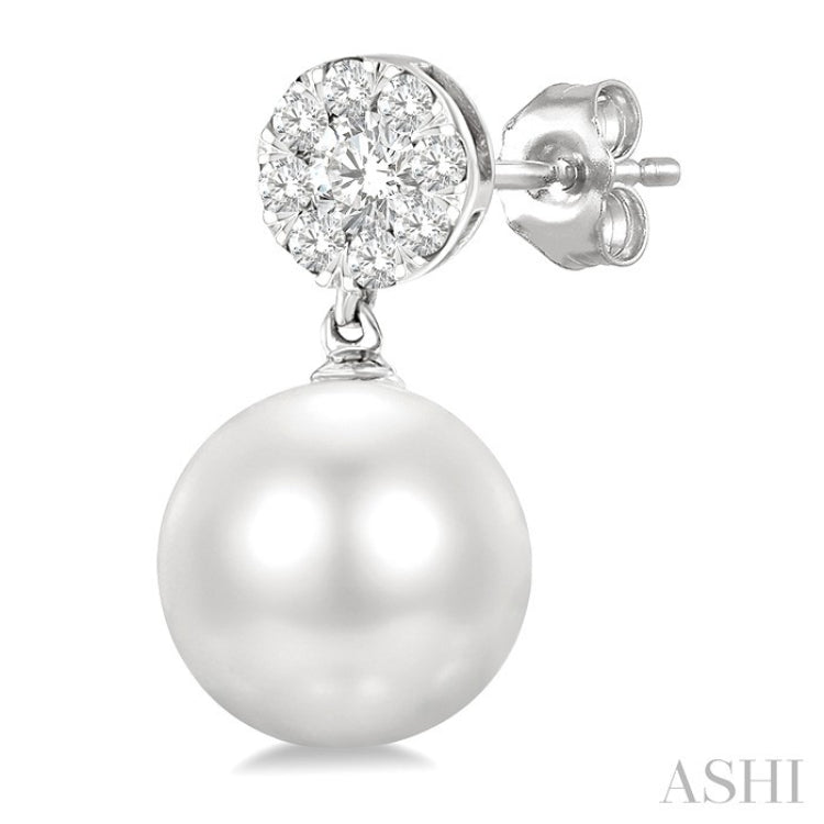 7 MM Cultured White Pearl and 1/4 Ctw Disc Top Lovebright Round Cut Diamond Fashion Earrings in 10K White Gold