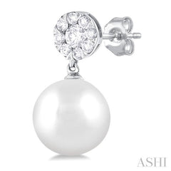 7 MM Cultured White Pearl and 1/4 Ctw Disc Top Lovebright Round Cut Diamond Fashion Earrings in 10K White Gold
