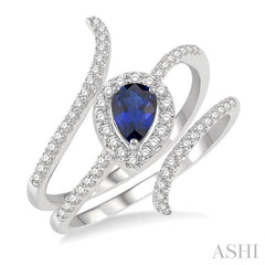 6x4 MM Pear Shape Sapphire and 1/3 Ctw Round Cut Diamond Precious Ring in 14K White Gold