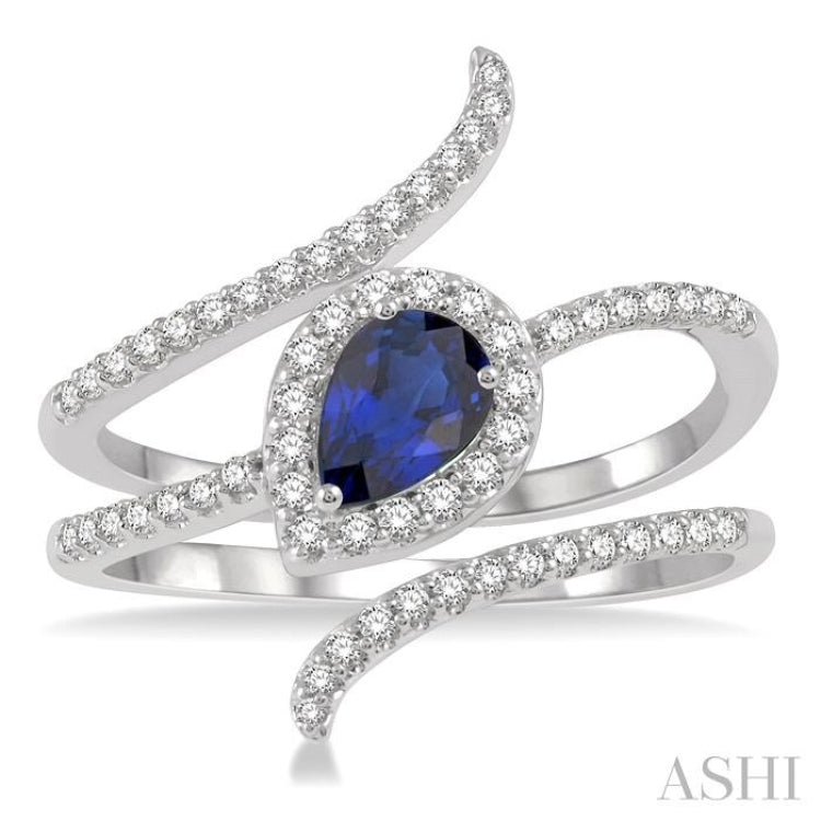 6x4 MM Pear Shape Sapphire and 1/3 Ctw Round Cut Diamond Precious Ring in 14K White Gold