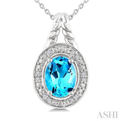 9X7 MM Oval Shape Blue Topaz and 1/20 Ctw Single Cut Diamond Semi-precious Pendant With Chain in Sterling Silver