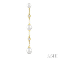 4 MM, 5 MM & 6 MM Round Shape Cultured Pearls and 1/10 Ctw Round Cut Diamond Station Long Earring in 14K Yellow Gold
