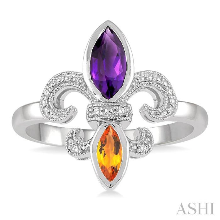 8x4 MM Marquise Cut Amethyst & 6X3 MM Marquise Cut Citrine and 1/50 Ctw Round Cut Diamond Fleur De Lis Ring in Sterling Silver