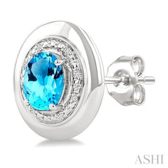 7X5 MM Oval Shape Blue Topaz and 1/20 Ctw Round Cut Diamond Semi-Precious Earrings in Sterling Silver