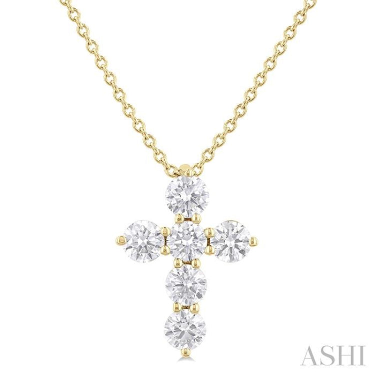 1/2 Ctw Round Cut Diamond Christian Cross 6-Stone Fashion Pendant With Chain in 14K Yellow Gold