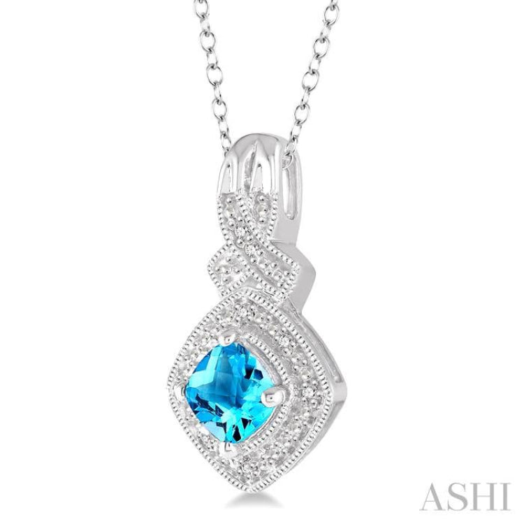 5x5 MM Cushion Shape Blue Topaz and 1/50 Ctw Round Cut Diamond Sterling Silver Pendant With Cable Chain