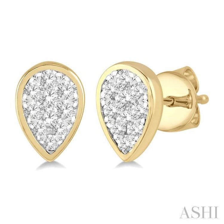 1/2 ctw Pear Shape Lovebright Round Cut Diamond Bezel Stud Earring in 14K Yellow and White Gold