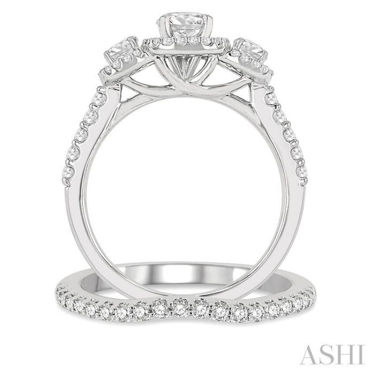 1 1/4 Ctw Diamond Wedding Set With 1 Ct Triple Cushion Shape Past, Present & Future Engagement Ring and 1/4 Ct Curved Wedding Band in 14K White Gold