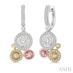 7/8 Ctw Round Cut Diamond Lovebright Fashion Earrings in 14K Tri Color Gold