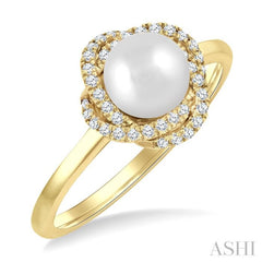 6 MM Cultured Pearl and 1/6 Ctw Single Cut Diamond Petite Fashion Ring in 10K Yellow Gold