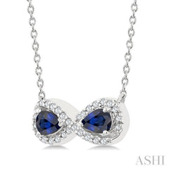 4X3 MM Pear Shape Sapphire and 1/10 Ctw Single Cut Diamond Precious Infinite Halo Pendant With Chain in 10K White Gold