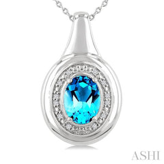 8X6 MM Oval Shape Blue Topaz and 1/20 Ctw Single Cut Diamond Semi-precious Pendant With Chain in Sterling Silver