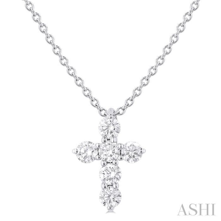 1/4 Ctw Round Cut Diamond Christian Cross 6-Stone Fashion Pendant With Chain in 14K White Gold