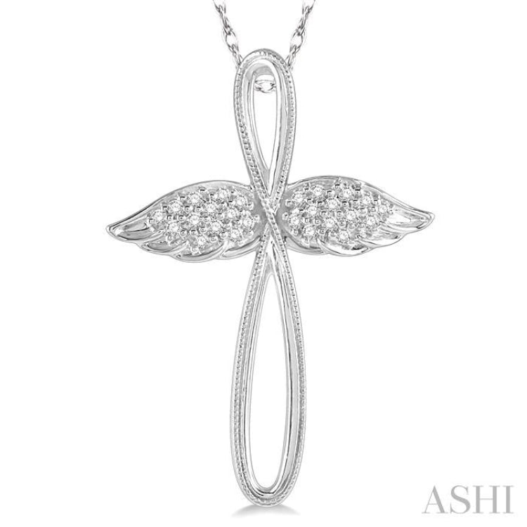 1/10 Ctw Twisted Cross Angel Wings Round Cut Diamond Pendant With Chain in 10K White Gold